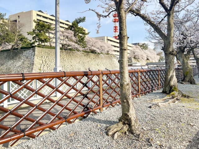 石垣が見える街並みのフェンスに、人工竹垣「竜安寺垣フェンス L型」を使用。竹垣のすす竹カラーが歴史ある景観と調和します